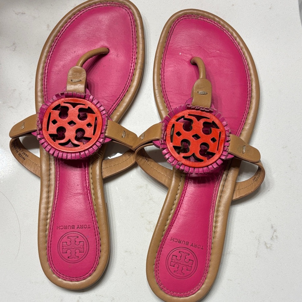 Tory Burch Pink and Tan Sandals with Orange Accent